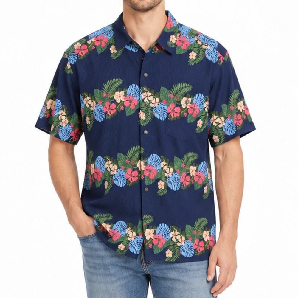 Tommy Bahama Lei Low Stripe Ocean Deep Seersucker Floral Camp Shirt Men's L